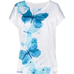 Shirt z wstawką z tkaniny bonprix biało-morski z nadrukiem. Białe koszulki damskie bonprix, z nadrukiem, z wiskozy, bez kołnierzyka. Za 49,99 zł.