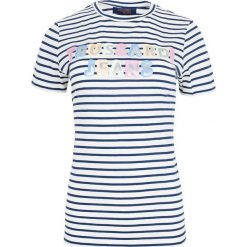 T-shirt Trussardi Jeans. Niebieskie koszulki damskie Trussardi Jeans, na co dzień, bez wzorów, z jeansu, z włoskim kołnierzykiem, bez rękawów. Za 299,00 zł.