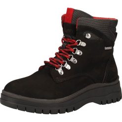 Skórzane botki w kolorze czarnym. Czarne botki damskie Tamaris, Caprice, Marco Tozzi, s.Oliver, ze skóry, bez obcasa, na sznurówki. W wyprzedaży za 265,95 zł.