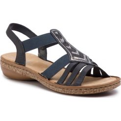 Sandały RIEKER - 62821-14 Blau. Niebieskie klapki damskie marki Rieker, z aplikacjami, ze skóry ekologicznej, bez obcasa. Za 219,00 zł.