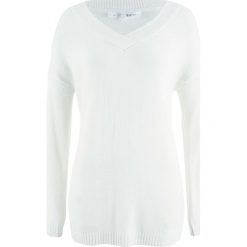 Swetry oversize damskie: Sweter oversize z głębokim dekoltem w serek bonprix biel wełny