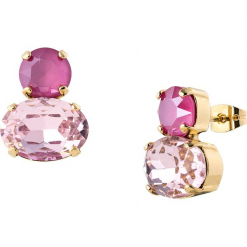 Pozłacane kolczyki-wkrętki z kryształkami Swarovski. Czerwone kolczyki damskie marki Destellos, z kryształem, metalowe. W wyprzedaży za 77,95 zł.