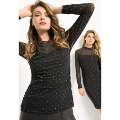 Koszulka w błyszczące groszki. Czarne t-shirty damskie Orsay, xs, w grochy, z elastanu. Za 79,99 zł.