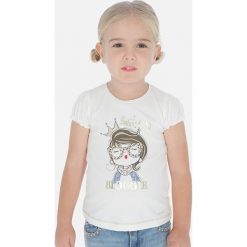 Mayoral - T-shirt dziecięcy 92-134 cm. Białe bluzki dziewczęce Mayoral, z nadrukiem, z dzianiny, z okrągłym kołnierzem, krótkie. Za 73,90 zł.