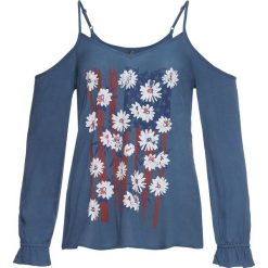 Bluzka z nadrukiem bonprix niebieski dżins z nadrukiem. Niebieskie koszulki damskie bonprix, z nadrukiem, z dekoltem w serek, bez rękawów. Za 37,99 zł.