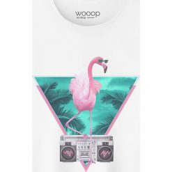 Koszulka "Flamingo" w kolorze białym. Białe koszulki damskie Wooop, m, bez wzorów, z bawełny, z okrągłym kołnierzem. W wyprzedaży za 56,95 zł.