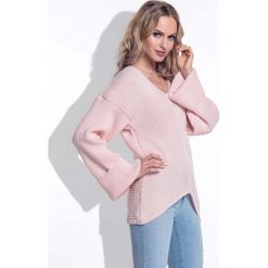 Pudrowy Sweter w Serek z Rozkloszowanymi Rękawami. Szare swetry oversize damskie marki Molly.pl, s, w prążki, z dzianiny, biznesowe. Za 116,90 zł.
