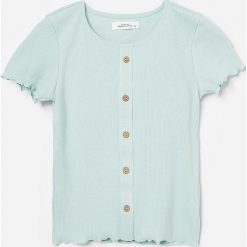 Bawełniany t-shirt w prążek - Zielony. Zielone t-shirty damskie Reserved, bez wzorów, z bawełny, bez kołnierzyka. W wyprzedaży za 19,99 zł.