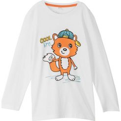 Shirt chłopięcy z długim rękawem, bawełna organiczna bonprix biel wełny. Białe koszule chłopięce bonprix, z nadrukiem, z bawełny, bez kołnierzyka, z długim rękawem, długie. Za 24,99 zł.