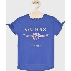 Guess Jeans - Top dziecięcy 118-175 cm. Szare bluzki dziewczęce Guess Jeans, z nadrukiem, z elastanu, z okrągłym kołnierzem, z krótkim rękawem, krótkie, bez kaptura. W wyprzedaży za 59,90 zł.