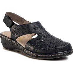 Sandały RIEKER - 47776-14 Blau. Niebieskie klapki damskie Rieker, bez wzorów, ze skóry, bez obcasa, na obcasie. Za 259,00 zł.