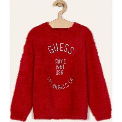 Guess Jeans - Sweter dziecięcy 118-175 cm. Czarne swetry dziewczęce Guess Jeans, z aplikacjami, z jeansu, z okrągłym kołnierzem, bez rękawów, bez kaptura. W wyprzedaży za 149,90 zł.