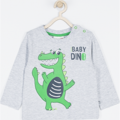 Koszulka. Szare t-shirty chłopięce BABY DINO, z nadrukiem, z bawełny, z długim rękawem. Za 32,90 zł.