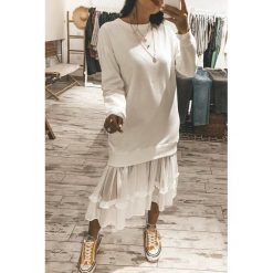 Sukienka DEZERA WHITE. Białe sukienki damskie Sukienka DEZERA WHITE, s, bez wzorów, bez kołnierzyka, z długim rękawem, długie, maxi. W wyprzedaży za 69,00 zł.