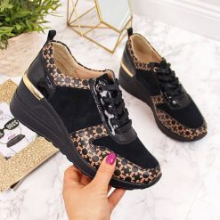 Sneakersy skórzane na koturnie czarne S.Barski. Czarne półbuty damskie S.barski, bez wzorów, bez obcasa, na koturnie, bez zapięcia. Za 159,99 zł.