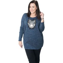 Kimonowa bluzka sowa OVERSIZE PLUS SIZE JESIEŃ ZIMA. Niebieskie bluzki damskie Moda Size Plus Iwanek, xxl, z aplikacjami, z elastanu, bez kołnierzyka, plus size, bez rękawów. Za 89,00 zł.