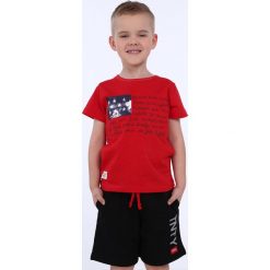 T-shirt chłopięcy z napisami czerwony NDZ4446. Czerwone t-shirty chłopięce marki Fasardi, z napisami, bez rękawów. Za 39,00 zł.
