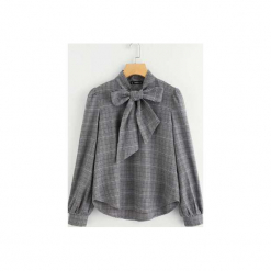 Bluzka damska w kratkę z krawatką. Szare bluzki damskie marki Bien fashion, xs, w kratkę, z poliesteru, z okrągłym kołnierzem, z krótkim rękawem. Za 109,00 zł.