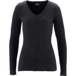 Sweter bawełniany w prążek bonprix czarny. Czarne swetry damskie bonprix, bez wzorów, z bawełny, bez rękawów, bez kaptura. Za 54,99 zł.