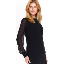 SUKIENKA ELEGANCKA Z TIULOWYMI RĘKAWAMI. Czarne sukienki damskie Top Secret, na co dzień, na lato, bez wzorów, z tkaniny, eleganckie, bez kołnierzyka, z długim rękawem, długie, proste. W wyprzedaży za 49,99 zł.