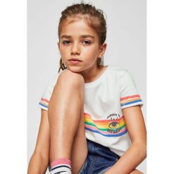 Mango Kids - Top dziecięcy Paradise 110-164 cm. Szare bluzki dziewczęce bawełniane marki Mango Kids, z nadrukiem, z okrągłym kołnierzem. Za 35,90 zł.