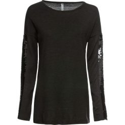 Długi sweter z cekinami bonprix czarny. Czarne swetry damskie bonprix, w paski, z długim rękawem, długie, bez kaptura. Za 109,99 zł.