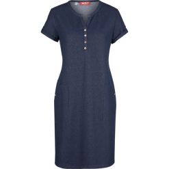 Sukienka shirtowa w optyce dżinsowej bonprix ciemnoniebieski. Niebieskie sukienki damskie bonprix, bez wzorów, z elastanu, bez kołnierzyka, bez rękawów. Za 99,99 zł.