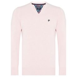 Sweter w kolorze jasnoróżowym. Różowe swetry męskie Denim Culture, s, z haftami, z bawełny, bez kołnierzyka, bez kaptura. W wyprzedaży za 114,95 zł.