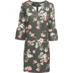 Sukienka neoprenowa z falbanami bonprix ciemnooliwkowy z nadrukiem. Zielone sukienki damskie bonprix, z nadrukiem, z neoprenu, eleganckie, bez kołnierzyka, bez rękawów. Za 54,99 zł.