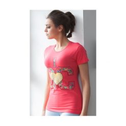 Koralowy T-shirt z aplikacją A191. Pomarańczowe t-shirty damskie Fasardi, z aplikacjami. Za 14,99 zł.