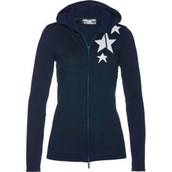 Sweter rozpinany bonprix ciemnoniebiesko-kremowy. Niebieskie swetry damskie bonprix, bez wzorów, z żakardem, bez rękawów, z kapturem. Za 99,99 zł.