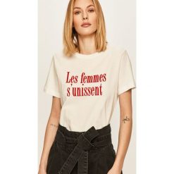 Answear - T-shirt. Białe bluzki damskie ANSWEAR, s, z nadrukiem, z bawełny, casualowe, z okrągłym kołnierzem. W wyprzedaży za 49,90 zł.