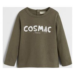 Mango Kids - Longsleeve dziecięcy Cosmic 80-104 cm. Żółte t-shirty chłopięce Mango Kids, z nadrukiem, z bawełny, bez rękawów. Za 25,90 zł.