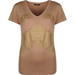 Guess Marciano Bluzka. Żółte bluzki damskie Guess, na co dzień, z aplikacjami, z tkaniny, bez kołnierzyka, z krótkim rękawem. Za 129,00 zł.