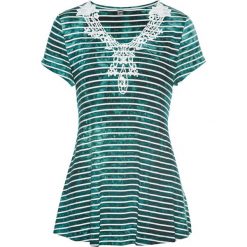 Shirt z koronką bonprix głęboki zielony - biały. Zielone koszulki damskie bonprix, w koronkowe wzory, z koronki, bez kołnierzyka, bez rękawów. Za 42,99 zł.