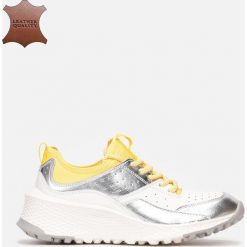 Biało-Żółte Skórzane Sneakersy Pirerises. Białe sneakersy damskie Born2be, ze skóry. Za 169,99 zł.
