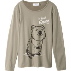 Shirt dziewczęcy z długim rękawem bonprix khaki. Szare bluzki dziewczęce bonprix, z nadrukiem, z bawełny, bez kołnierzyka, z długim rękawem, długie, bez kaptura. Za 24,99 zł.