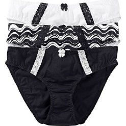 Figi (3 pary), bawełna organiczna bonprix drukowany + czarny + biały. Czarne majtki damskie marki bonprix, z aplikacjami, z bawełny. Za 53,97 zł.