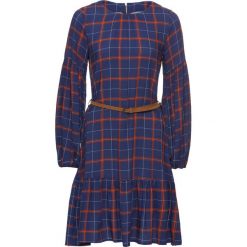 Sukienka w kratę z falbaną bonprix niebiesko-czerwono-biały w kratę. Niebieskie sukienki z falbanami marki bonprix, z okrągłym kołnierzem. Za 129,99 zł.