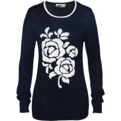 Sweter z żakardowym wzorem bonprix ciemnoniebiesko-biały. Niebieskie swetry damskie bonprix, bez wzorów, z żakardem, bez rękawów, bez kaptura. Za 89,99 zł.