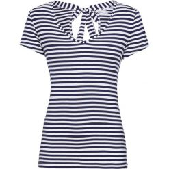 Shirt z kokardką, krótki rękaw bonprix ciemnoniebiesko-biały w paski. Niebieskie koszulki damskie bonprix, w paski, z elastanu, z dekoltem w serek, z krótkim rękawem. Za 37,99 zł.