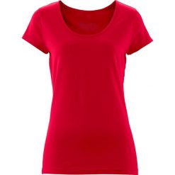 Shirt z krótkim rękawem bonprix czerwony. Czerwone koszulki damskie marki bonprix, bez wzorów, z okrągłym kołnierzem, z krótkim rękawem. Za 29,99 zł.