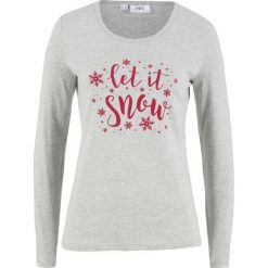 Shirt, długi rękaw bonprix jasnoszary melanż z nadrukiem. Szare koszulki damskie marki bonprix, z nadrukiem, bez kołnierzyka. Za 16,99 zł.