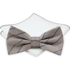 Mucha z poszetką - Chattier, Męska - Beż z Niebieskim Akcentem MUCH0405. Niebieskie muszki męskie Chattier, na imprezę, w paski, eleganckie. Za 44,00 zł.