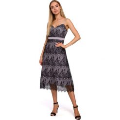 Sukienka na ramiączkach z ręcznie ciętej koronki - szara. Szare sukienki damskie Moe, s, w koronkowe wzory, z elastanu, eleganckie, bez kołnierzyka, bez rękawów, dopasowane. Za 249,00 zł.
