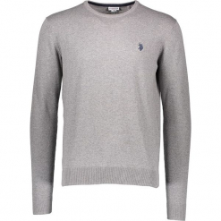 Sweter w kolorze szarym. Szare swetry klasyczne męskie marki U.S. Polo Assn., m, z haftami, z bawełny, z okrągłym kołnierzem. W wyprzedaży za 195,95 zł.