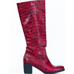 Kozaki na słupku z tłoczeniem - skóra naturalna - model 154 - kolor czarno-czerwony krokodyl. Czerwone kozaki damskie Zapato, do pracy, na lato, ze skóry, biznesowe, na wysokim obcasie, na obcasie, bez zapięcia. W wyprzedaży za 374,25 zł.