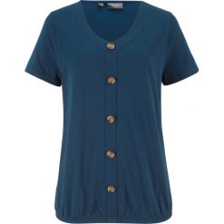 Shirt z plisą guzikową i gumką bonprix ciemnoniebieski. Niebieskie koszulki damskie bonprix, bez wzorów, bez kołnierzyka, bez rękawów. Za 44,99 zł.