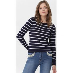 Granatowy Sweter Meghan. Niebieskie swetry damskie Born2be, na zimę, s, w paski, klasyczne, bez rękawów, długie, bez kaptura. Za 39,99 zł.