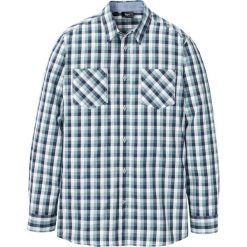 Koszula z długim rękawem w kratę bonprix ciemnoniebiesko-jasnozielono-biały w kratę. Niebieskie koszule męskie bonprix, xl, bez wzorów, z bawełny, bez kołnierzyka, z długim rękawem. Za 74,99 zł.